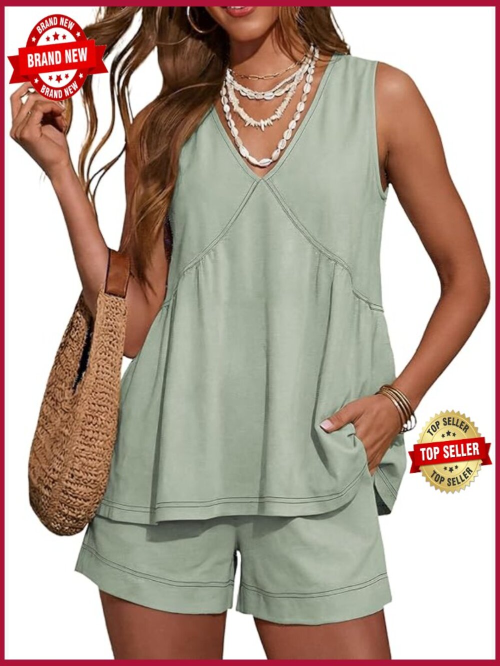 Women's 2 Piece Sleeveless V Neck Ruffle Set Tunic Top & Shorts